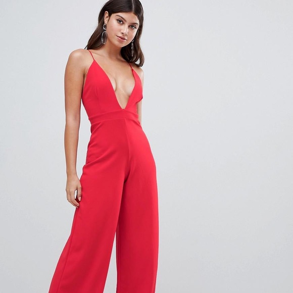 Luxe Red Deep V Split Leg Jumpsuit EUC - Picture 1 of 16
